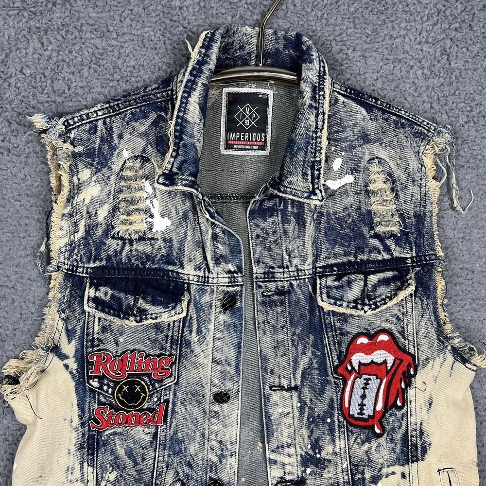 Imperious Vest Mens Lg Denim Distressed Rock N Roll Y2K Acid Wash Streetwear 90s